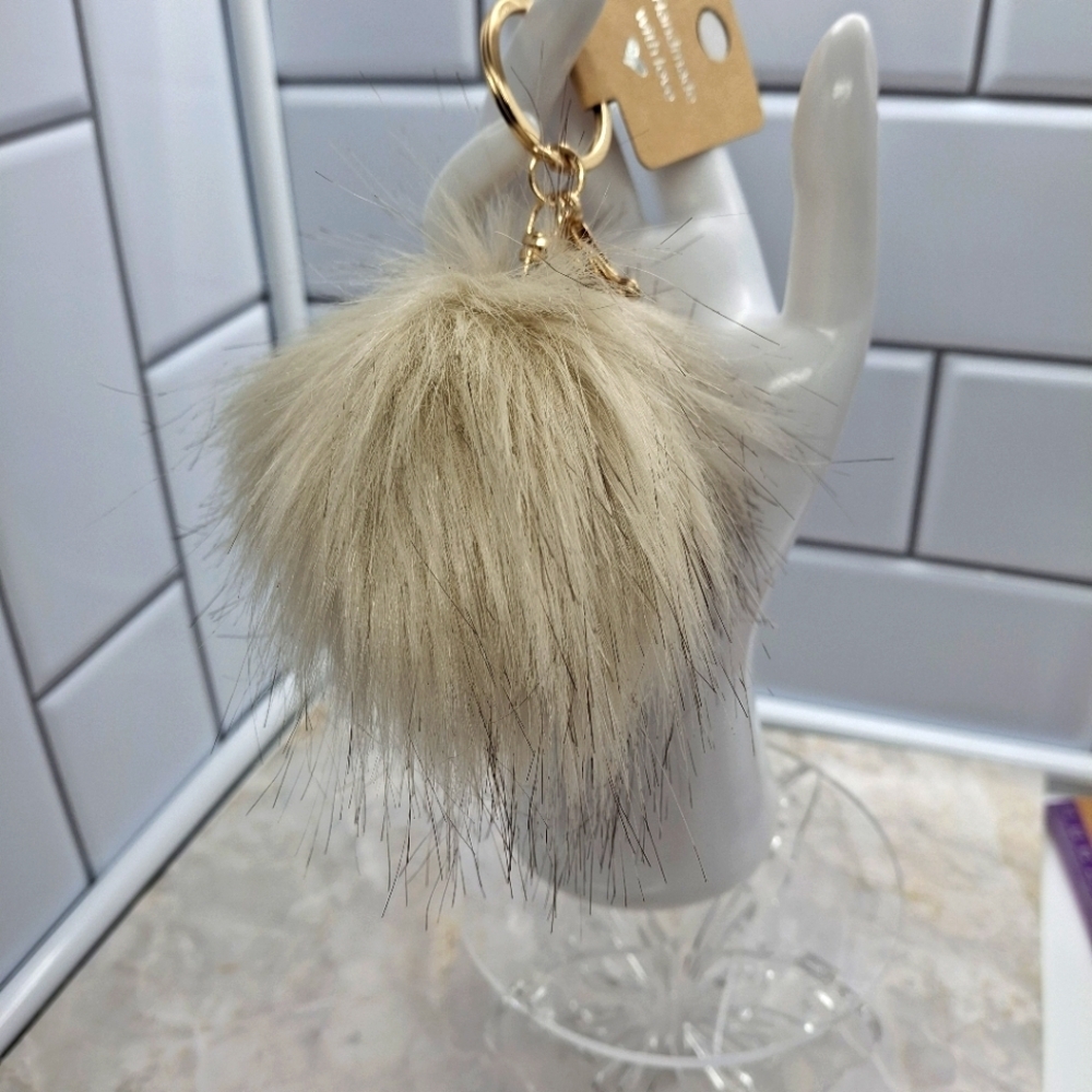 Faux Fur PomPom Keyring bag charm Handmade  Creamy White With Dark Tips Pom Pom
